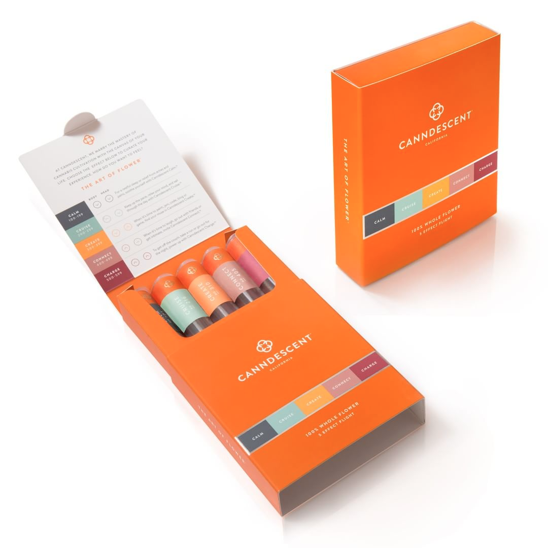 Canndescent's pre-roll packaging. A bright orange box with indicators as to which pre-roll is which strain