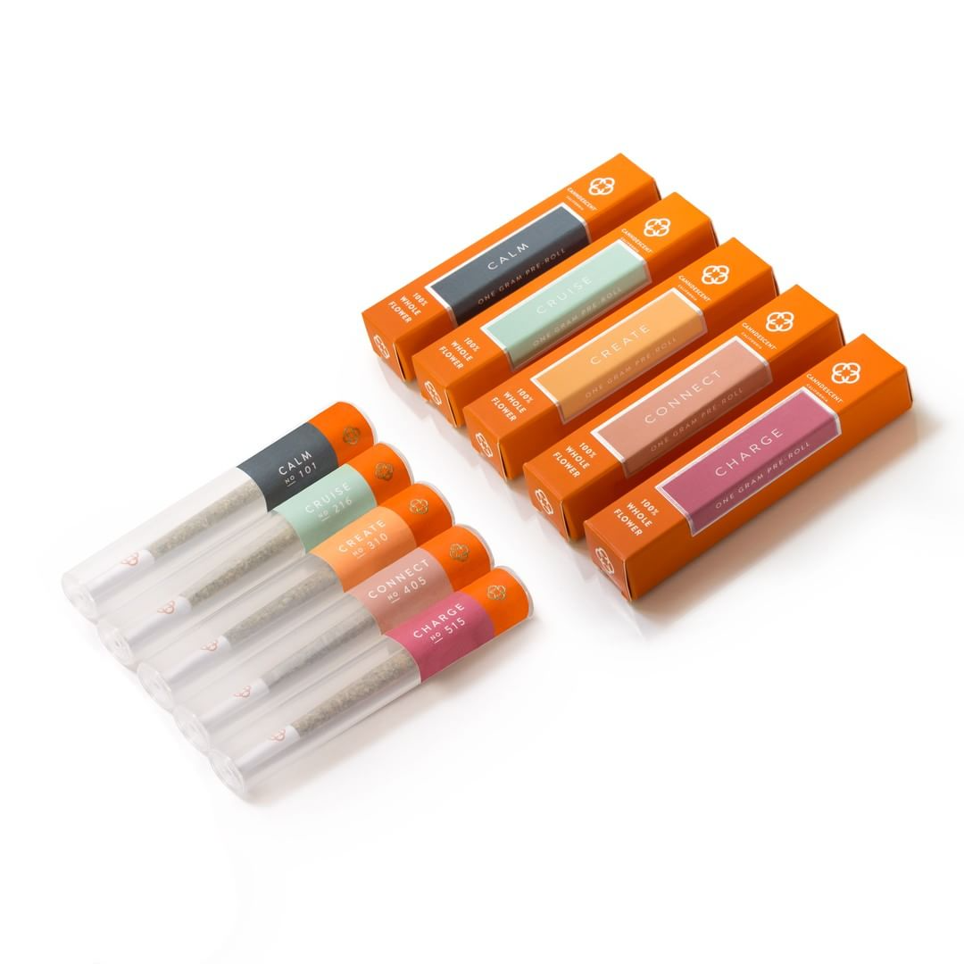 Five boxed Canndescent pre-rolls with five pre-rolls in plastic tubes below them