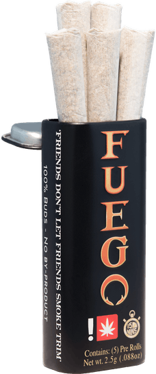 A custom branded aluminum package with Fuego branding, open with 5 pre-rolls sticking out