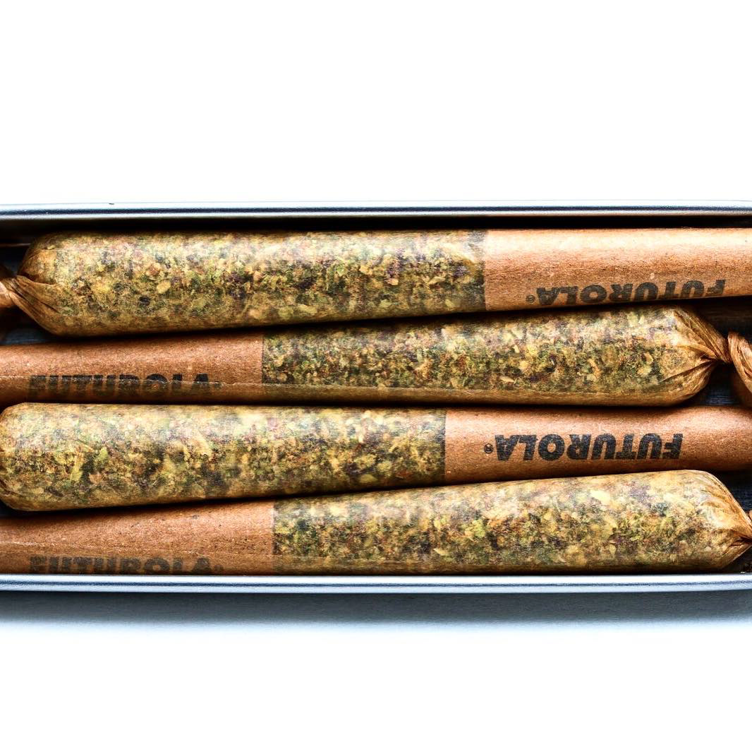 four pre-rolls in a small box with futurola branding on their filters