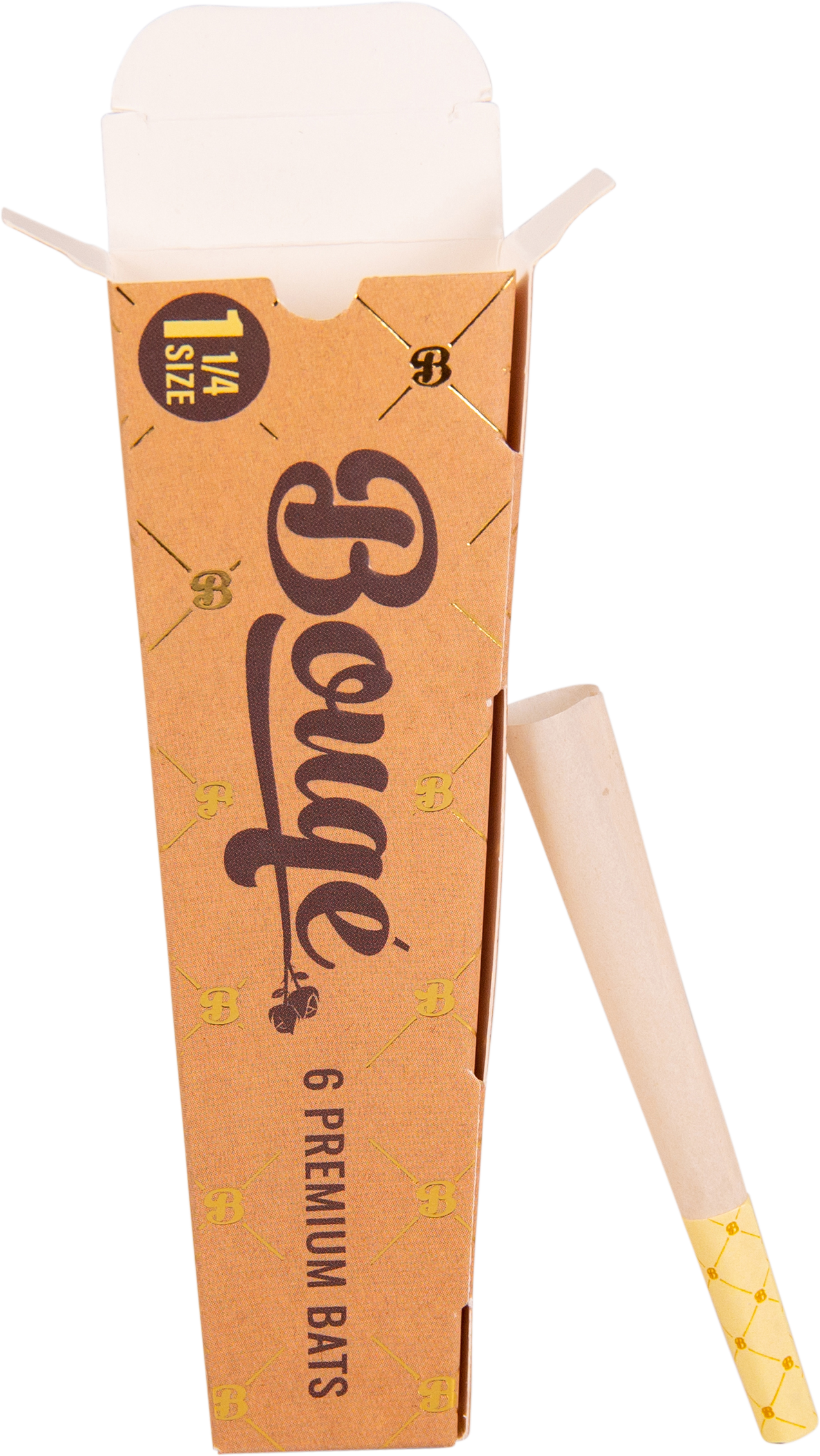 A boque promotional pack with a custom branded pre-rolled cone leaning against it