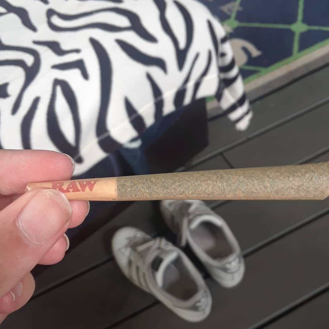 a hand holding a pre-roll with a RAW branded filter