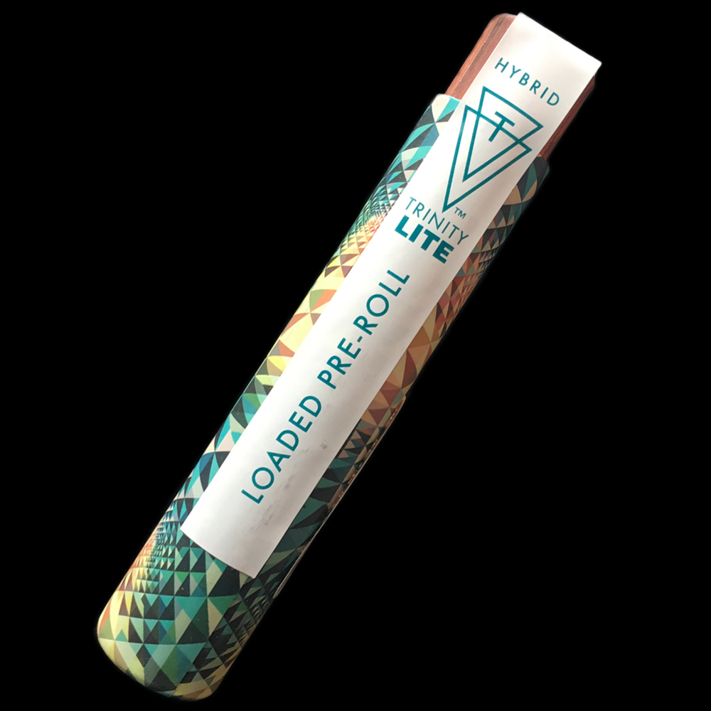 A closeup shot of a Trinity branded pre-roll on a black background